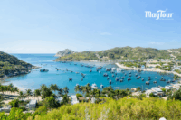 Khung cảnh du lịch Vĩnh Hy Bình Hưng với biển xanh và nắng đẹp