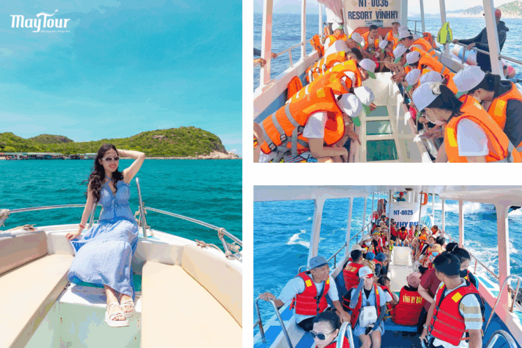 Du khách check- in thư giãn trên tàu đáy kính ngắm san hô trong tour Vĩnh Hy