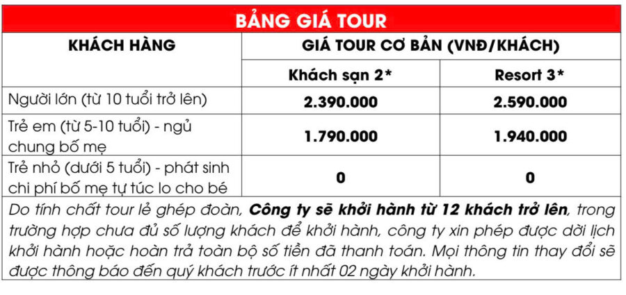 Giá Tour Vĩnh Hy 2 ngày 2 đêm
