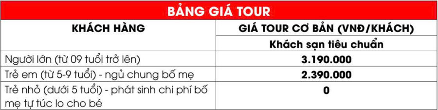 BẢNG GIÁ TOUR PHÚ QUÝ